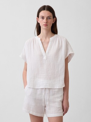 Gap Kadın Beyaz Pamuk Gauze Oversized Split-Neck Üst