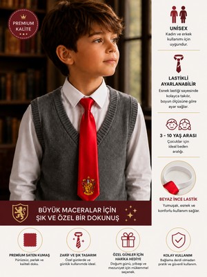 Herşey Nota Harry Potter Gryffindor Kravat Kırmızı Renk Ayarlanabilir Lastikli 3-10 Yaş Unisex Çocuk Kravatı