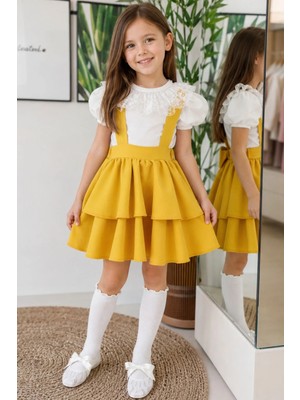 Parla Kids Kız Çocuk Helen Sarı Askılı Jile 23 Nisan 29 Ekim Gösteri Kıyafeti Elbise Ekru Dantel Kısa Kollu Bluz Abiye Takım