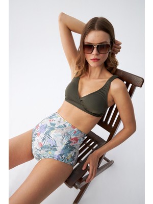 Empressco Haki Pedli Kadın Çiçek Desenli Üst ve Yüksek Bel Bikini Takımı