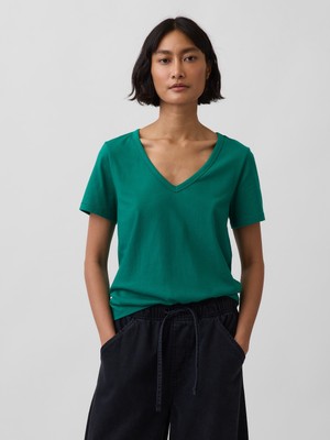 Gap Kadın Yeşil Organik Pamuk Vintagesoft V-Yaka T-Shirt