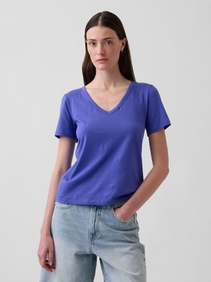 Gap Kadın Mavi Organik Pamuk Vintagesoft V-Yaka T-Shirt