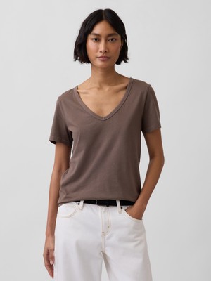 Gap Kadın Kahverengi Organik Pamuk Vintagesoft V-Yaka T-Shirt