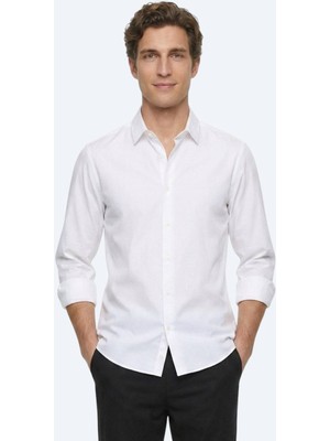 Kip Beyaz Çizgili Regular Fit Uzun Dokuma Casual %100 Pamuk Gömlek