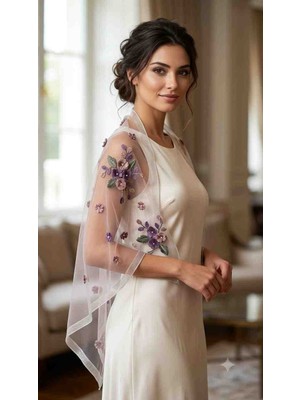 Yarımada Kadın Kooperatifi ​el Işlemeli Şifon Omuz Şalı - Elegant Çiçek Nakışlı (190X72 Cm)