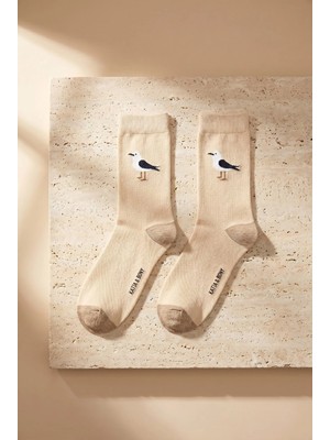 Bony Socks Unisex Istanbul Desenli Ekru Soket Çorap
