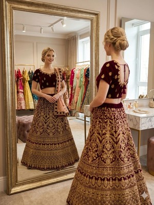Aashiv's Collection Gelinlik Hint Lehenga Choli Takımı Bordo Işlemeli