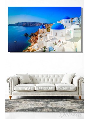 Şehzat Kanvas Duvar Tablosu Yatay Tekli Salon Ofis Yunanistan Santorini Mavi Kubbeli Kilise Manzara