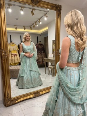 Aashiv's Collection Gelinlik Hint Lehenga Choli Takımı Turkuaz Işlemeli