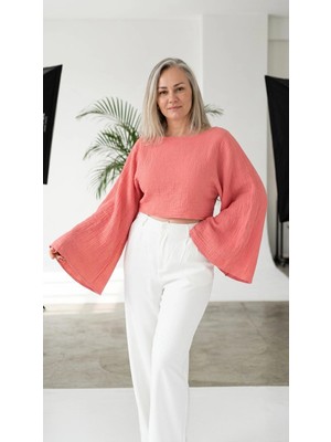 Byemelika Kayık Yaka, Ispanyol Kol, Bürümcük, Lucia Crop Bluz (Şeker Pembe)
