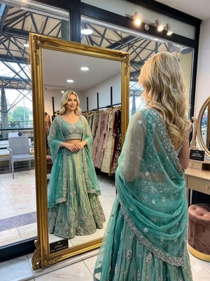 Aashiv's Collection Gelinlik Hint Lehenga Choli Takımı Turkuaz Işlemeli