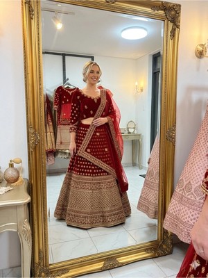 Aashiv's Collection Gelinlik Hint Lehenga Choli Takımı Kırmızı Işlemeli