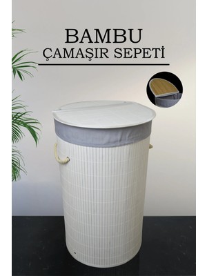 Naturelove Bambu Katlanabilir Çamaşır Sepeti - Yuvarlak Banyo Kirli Sepeti Çok Amaçlı Düzenleyici 35X60CM Beyaz
