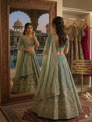 Aashiv's Collection Gelinlik Hint Lehenga Choli Takımı Mavi Işlemeli
