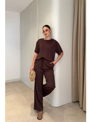 Magarde Kısa Kollu Ithal Kumaş Basic Takım- Kahverengi
