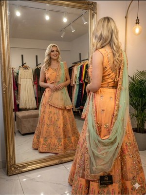 Aashiv's Collection Gelinlik Hint Lehenga Choli Takımı Turuncu Işlemeli