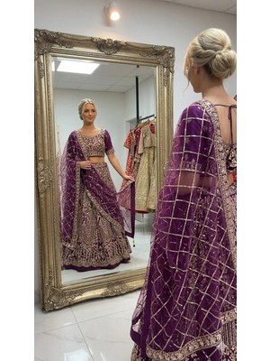 Aashiv's Collection Gelinlik Hint Lehenga Choli Takımı Mor Işlemeli