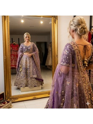 Aashiv's Collection Gelinlik Hint Lehenga Choli Gelinlik Takımı Mor Işlemeli