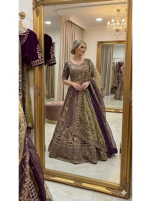 Aashiv's Collection Gelinlik Hint Lehenga Choli Gelinlik Takımı Bordo Işlemeli