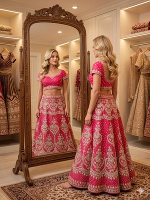 Aashiv's Collection Gelinlik Hint Lehenga Choli Takımı Kırmızı Işlemeli