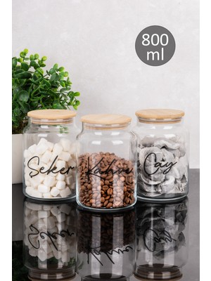 Dolkin Home 3lü Bambu Vakum Kapaklı 800 ml Cam Kavanoz Seti Şeffaf Etiketli Çay Şeker Kahve Saklama Kavanozu