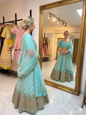Aashiv's Collection Gelinlik Hint Lehenga Choli Takımı Turkuaz Işlemeli