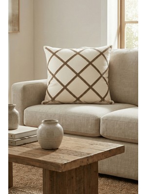 Destiva Home Çizgisel Desenli Punch Nakışlı Pamuk Gizli Fermuarlı Kırlent Kılıfı 42X42 cm