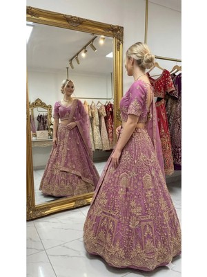 Aashiv's Collection Gelinlik Hint Lehenga Choli Takımı Mor Işlemeli