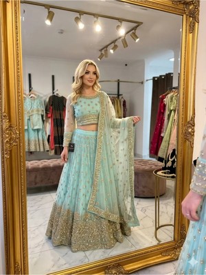 Aashiv's Collection Gelinlik Hint Lehenga Choli Takımı Turkuaz Işlemeli