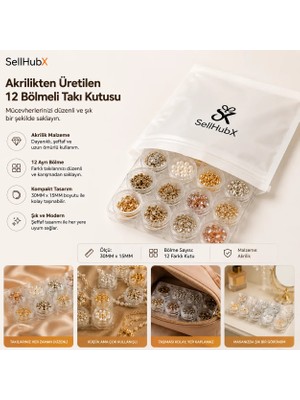 Yeni Trend SellHubX Akrilikten Üretilen, 30MM x 15MM Boyutunda 12 Farklı Kutuya Sahip Takı Kutusu ile Mücevherlerinizi Düzenli ve Şık Bir Şekilde Saklayın.