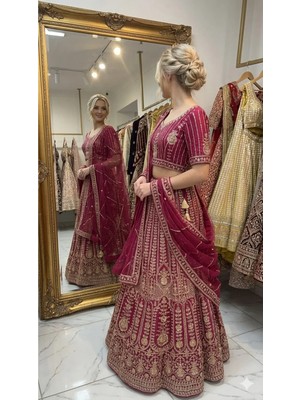 Aashiv's Collection Işlemeli Hint Lehenga Choli Gelinlik Takımı Kırmızı Işlemeli