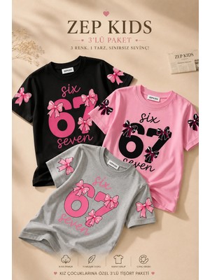 Zepkids Kız Çocuk 67 Baskılı Pamuklu Likralı 3lü Paket Oversize Tişört