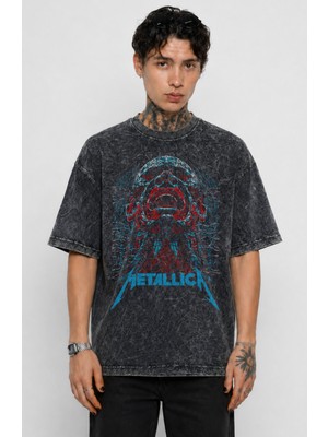 Fuddy Moda Unisex Oversize Metallica Face Illustration Baskılı Yıkamalı Rock Band Tişört
