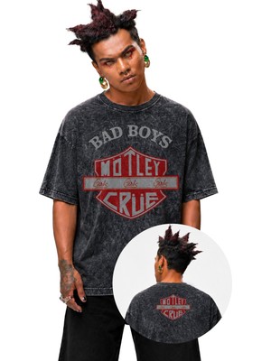 Fuddy Moda Unisex Bad Boys Mötley Crüe Girls Ense Baskılı Yıkamalı Tişört, Oversize Rock Band Temalı Tshirt