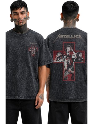Fuddy Moda Unisex Metallica Members Haç Sırt Baskılı Yıkamalı Tişört, Oversize Rock Band Temalı Retro Tshirt