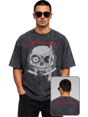 Fuddy Moda Unisex Metallica Skull Ense Baskılı Yıkamalı Tişört, Oversize Rock Band Temalı Retro Tshirt