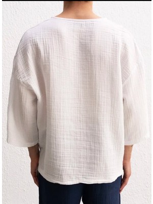 Giesto Fakir Kol Keten T-Shirt-Beyaz