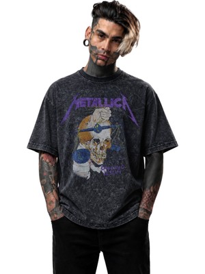 Fuddy Moda Unisex Oversize Metallica Damaged Justice Baskılı Yıkamalı Rock Band Temalı Tişört
