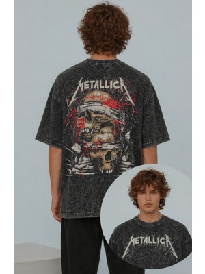 Fuddy Moda Unisex Oversize Metallica Skull And Bandages Sırt Baskılı Yıkamalı Rock Band Tişört