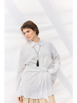 Kadriye Baştürk Çizgili Düğümlü Gömlek Beyaz