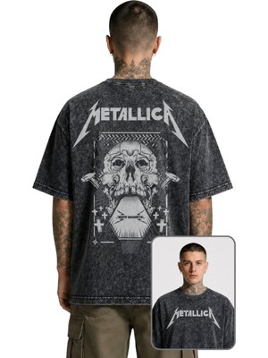 Fuddy Moda Unisex Metallica Death Magnetic Sırt Baskılı Yıkamalı Tişört, Oversize Rock Band Retro Tshirt