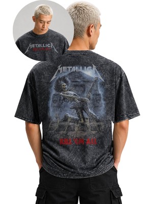 Fuddy Moda Unisex Metallica Kill'em All Sırt Baskılı Yıkamalı Tişört, Oversize Rock Band Temalı Vintage Tshirt