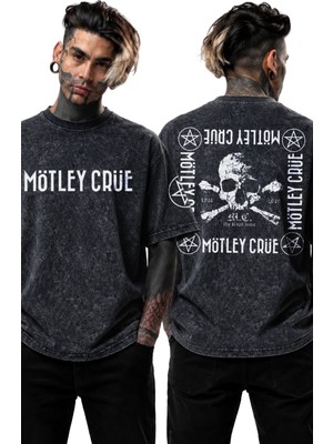Fuddy Moda Unisex Oversize Mötley Crüe Logo Kol ve Sırt Baskılı Yıkamalı Rock Band Tişört
