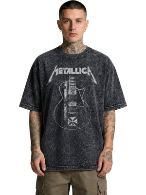 Fuddy Moda Unisex Metallica Guitar Baskılı Yıkamalı Tişört, Oversize Rock Band Temalı Vintage Tshirt