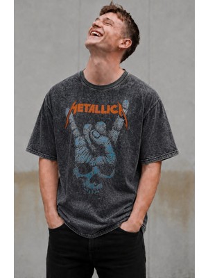 Fuddy Moda Unisex Oversize Metallica Rock'n Roll Işareti Baskılı Yıkamalı Tişört