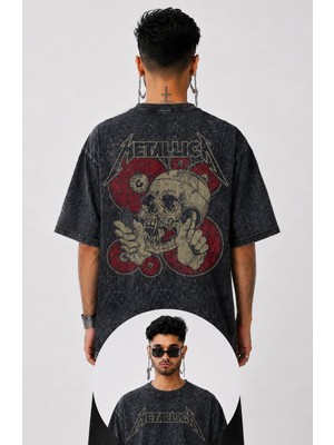 Fuddy Moda Unisex Metallica Vintage Sırt Baskılı Yıkamalı Tişört, Oversize Rock Band Temalı Vintage Tshirt