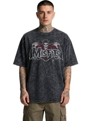 Fuddy Moda Unisex Oversize Rock Band Misfits Baskılı Yıkamalı Tişört