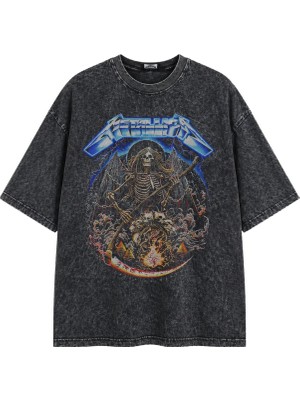Fuddy Moda Unisex Oversize Metallica Creeping Death Baskılı Yıkamalı Rock Band Tişört