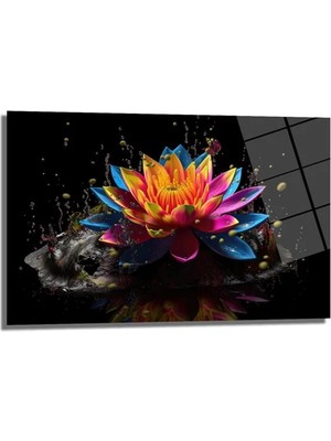 GLAZELLA Renkli Lotus Çiçeği: Su Sıçraması Temalı Modern Cam Tablo