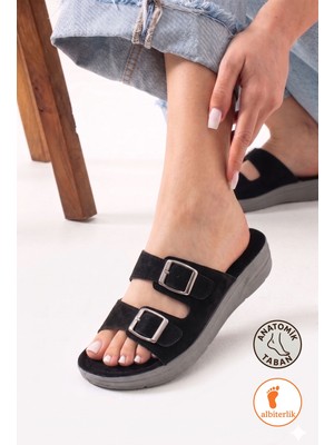 Albishoes Kadın Nubuk Hafif Topuk 3 cm Anatomik Rahat Yumuşak Taban Günlük Kadın Anne Yazlık Terlik
